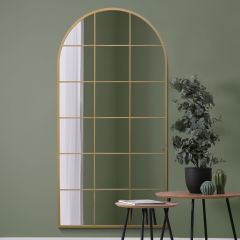 The Fenarc - Gold Metal Framed Arched Window Wall Mirror 71" X 35" (180CM X 90CM)