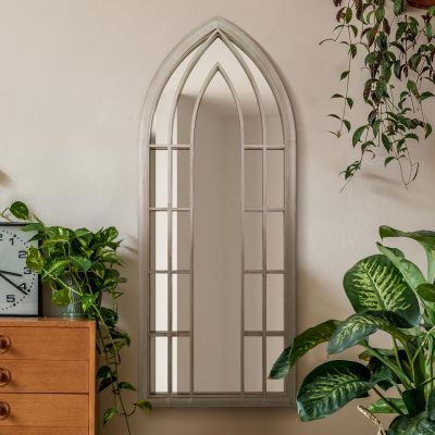 The Somerley - Rustic Framed Arched Gothic Window Style Leaner Wall Mirror 59" X 24" (149CM X 61CM) Stone Colour