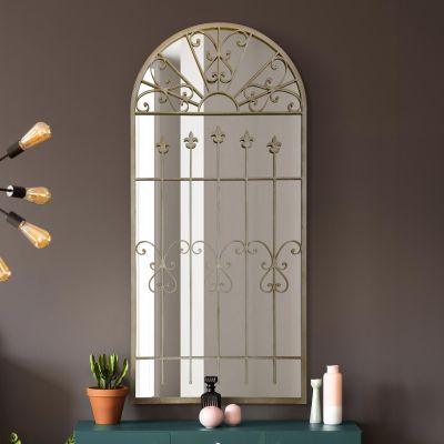 The Somerley - Extra Large Rustic Framed Arched Gothic Window Style Leaner Wall Mirror 63" X 30" (160CM X 75CM) Stone Colour