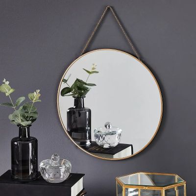 Large Round Gold Hanging Wall Chain Mirror From MirrorOutlet. Perfect For any Wall. 29.5cm.