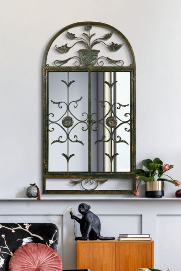 The Dorset - Dark Metal Rustic Framed Arched Wall Mirror with Opening Doors 51" X 52" (130CM X 132CM max). Closed doors 51" X 28" (130cm X 69cm).