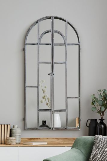 The Kirkby - Dark Metal Rustic Framed Arched Wall Mirror with Opening Doors 40" X 39" (102CM X 100CM max). Closed doors 39" X 20" (100cm X 50cm).