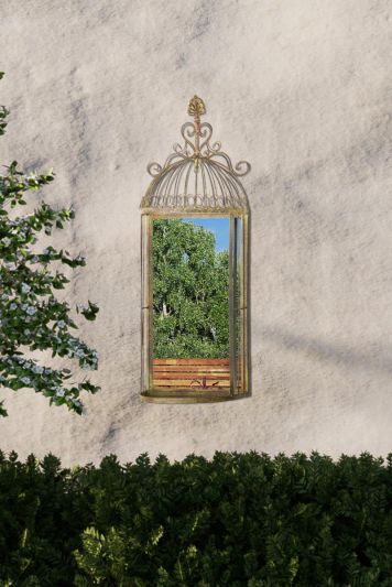 Kirkby Metal Arch Bird Cage Rustic Green  Garden Mirror 70cm X 26cm