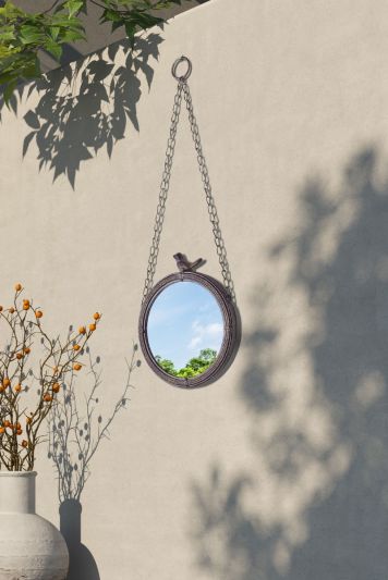 Kirkby Metal Circular Decorative bird Garden Mirror on chain Outdoors 49 X 18cm