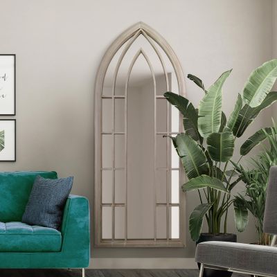 The Somerley - Extra Large Rustic Framed Arched Gothic Window Style Leaner Wall Mirror 75" X 30" (190CM X 75CM) Stone Colour