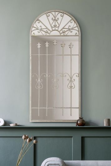 The Somerley - Extra Large Rustic Framed Arched Gothic Window Style Leaner Wall Mirror 55" X 26" (140CM X 65CM) Stone Colour