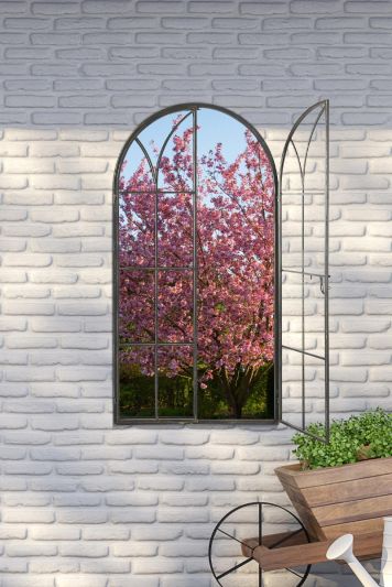 Summer View Metal Arch shaped Opening WIndow Garden Mirror 140cm X 75cm