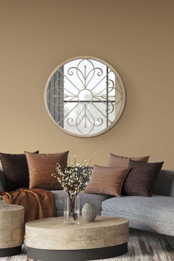 MirrorOutlet Orchid Metal Circular Decorative Wall Mirror Cream 90cm X 90cm