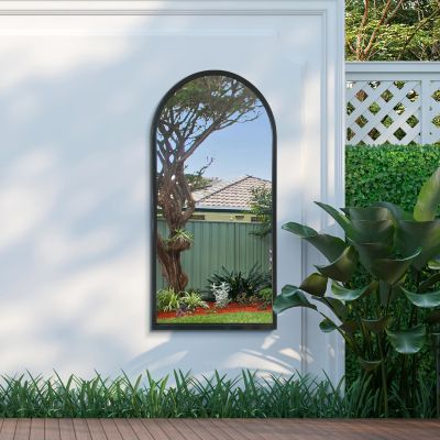 The Arcus - Black Metal Framed Arched Garden Wall Mirror 47" X 23.5" (120CM X 60CM)