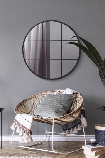 The Circulus - Black Metal Framed Round Window Wall Mirror 31" X 31" (80x80CM)