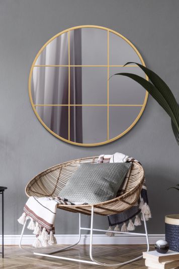 The Circulus - Gold Metal Framed Round Window Wall Mirror 39" X 39" (100x100CM)