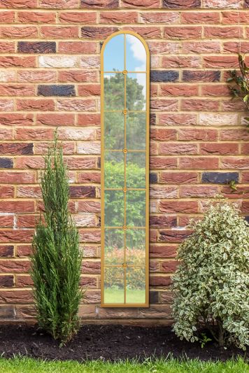 The Arcus -  Gold Framed Arched Leaner Garden Wall Mirror 67" X 12" (170CM X 30CM)