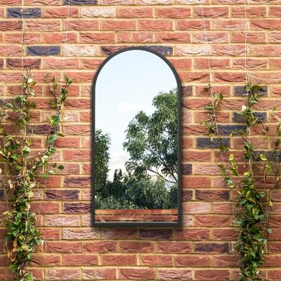 The Arcus - Black Metal Framed Arched Garden Wall Mirror 31" X 16" (80CM X 40CM). Suitable for Outside and Inside.