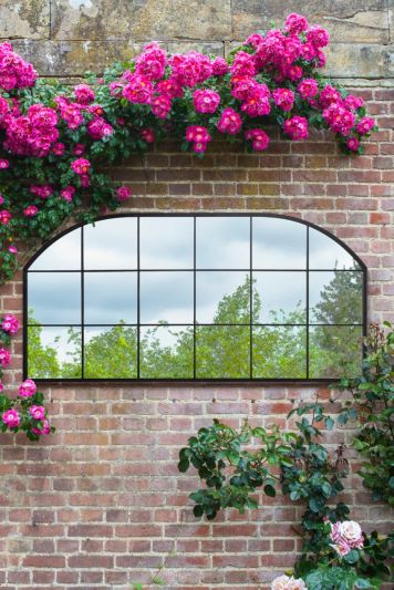 The Arcus - Black Metal Framed Window Arched Garden Wall or Fence Mirror 69" X 33" (174CM X 85CM)