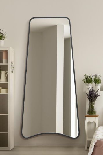 The Coartans - New Black Metal Isoscelles Trapezoid Shape Framed Wall Mirror with arched bottom. 79" X 38" (200CM X 95CM).