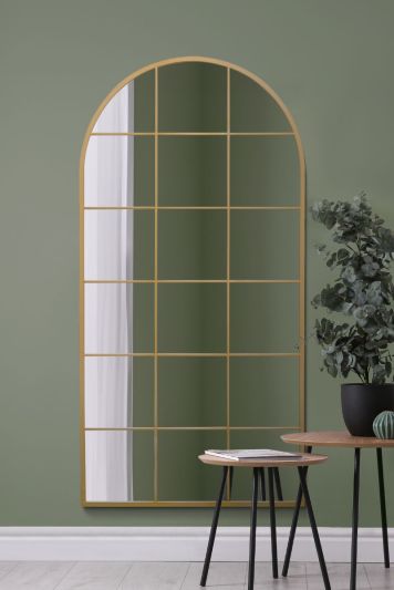 The Fenarc - Gold Metal Framed Arched Window Wall Mirror 71" X 35" (180CM X 90CM)