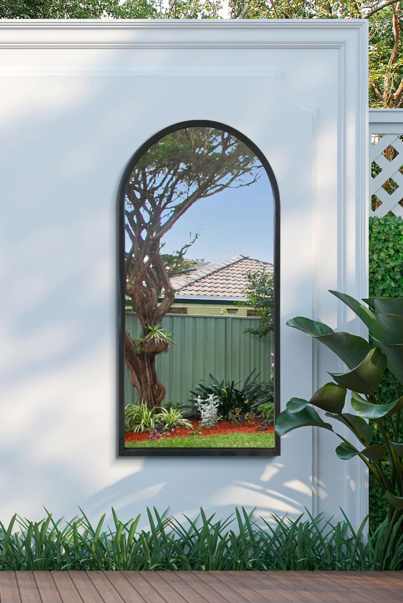 The Arcus - Black Metal Framed Arched Garden Wall Mirror 47" X 23.5 ...